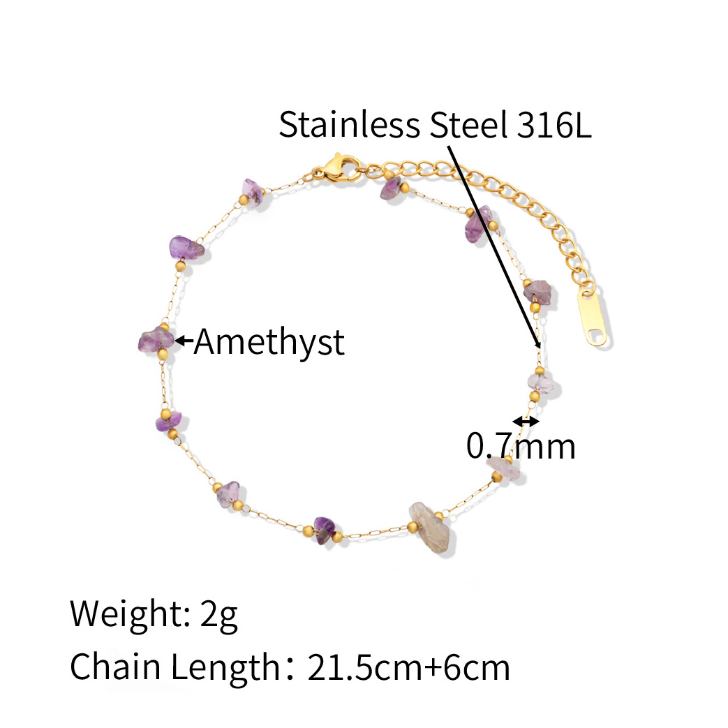 Chris April fashion jewelry PVD gold plated amethyst natural gems  charms anklet 316L stainless steel ankle chain foot