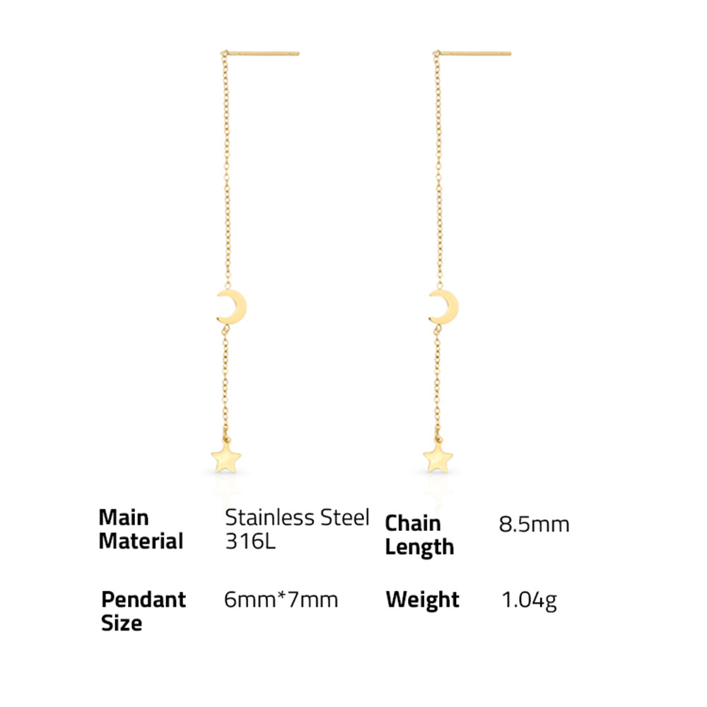 Chris April in stock fashion jewelry 316L stainless steel PVD gold plated crescent star and moon earrings