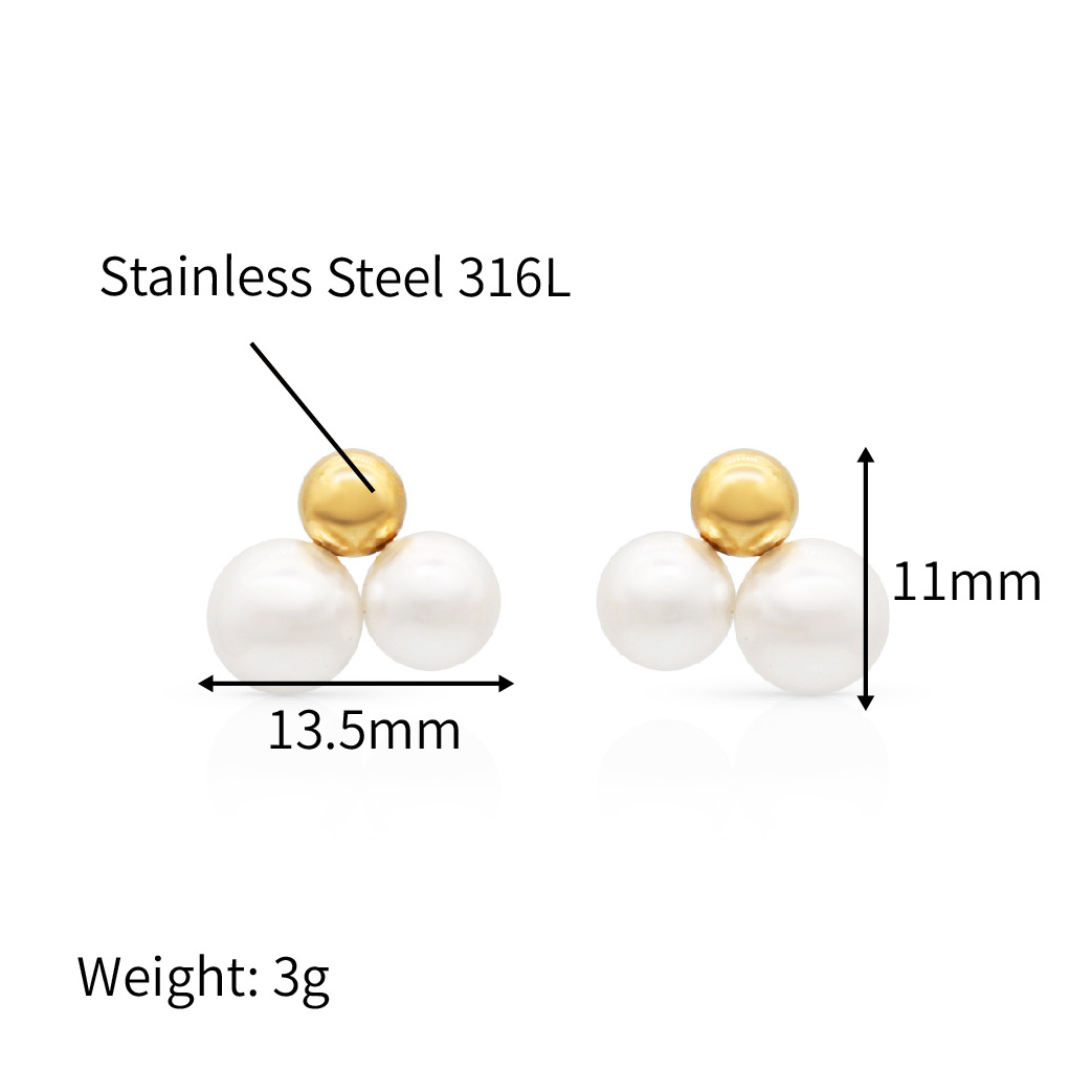 Chris April 316L stainless steel gold plated triplet glass pearls stud  earring for women