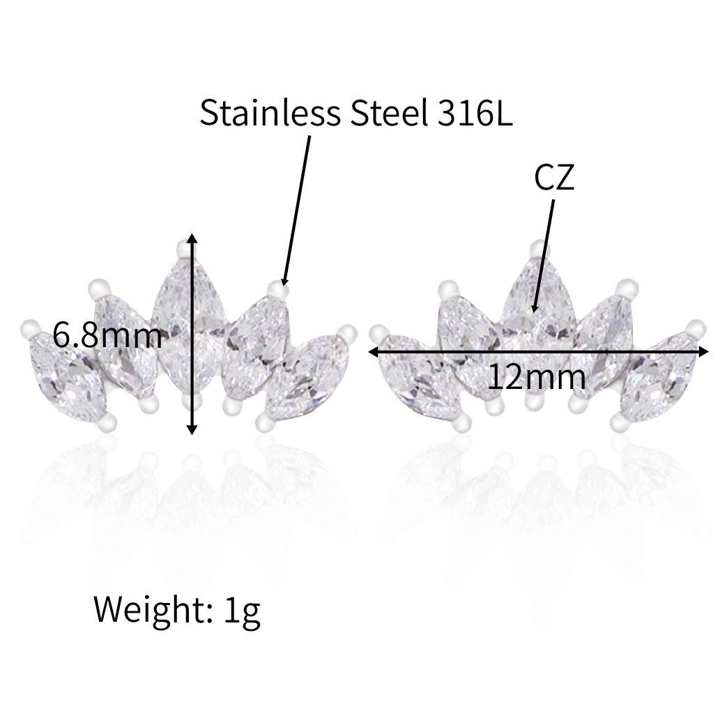 Chris April 316L stainless steel marquise zircons crown shape hypoallergenic non tarnish waterproof jewelry stud earrings