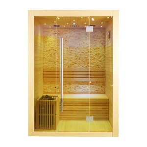 traditional style indoor wood hemlock sauna 2 person wet steam  sauna room with stove and stone