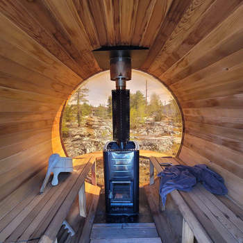 Luxury outdoor wood barrel sauna red cedar wet steam barrel sauna with panoramic view glass