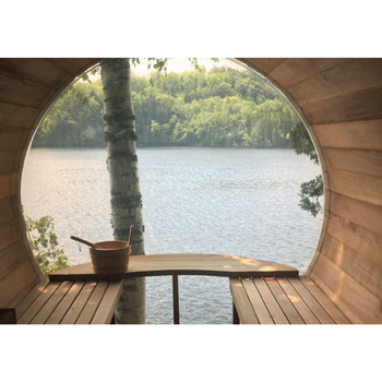 Luxury outdoor wood barrel sauna red cedar wet steam barrel sauna with panoramic view glass