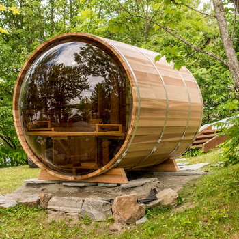 Luxury outdoor wood barrel sauna red cedar wet steam barrel sauna with panoramic view glass