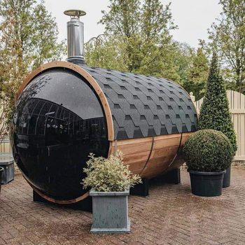 Luxury outdoor wood barrel sauna red cedar wet steam barrel sauna with panoramic view glass