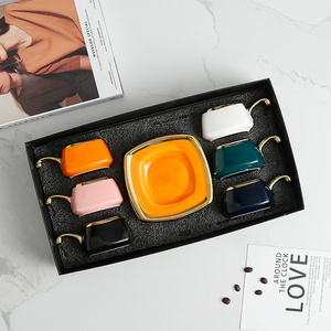 Custom gift box 12 pcs gold orange pink black glazed mini tea coffee cup and saucer gift set ceramic cups of 6