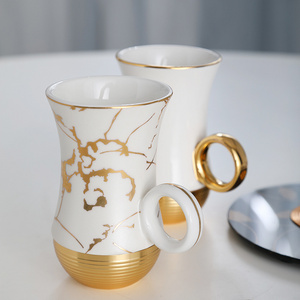 Middle East luxury design gold marble pattern gift porcelain cup set coffee ceramic cups with glass saucer