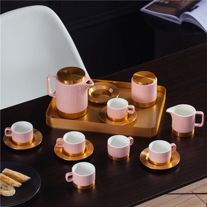 New modern style household ceramic tea kettle 90cc coffee cup and saucer pink tea set luxury coffee tea sets with tray