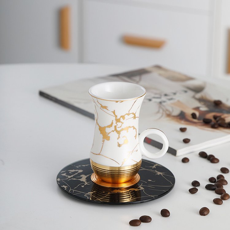 Middle East luxury design gold marble pattern gift porcelain cup set coffee ceramic cups with glass saucer