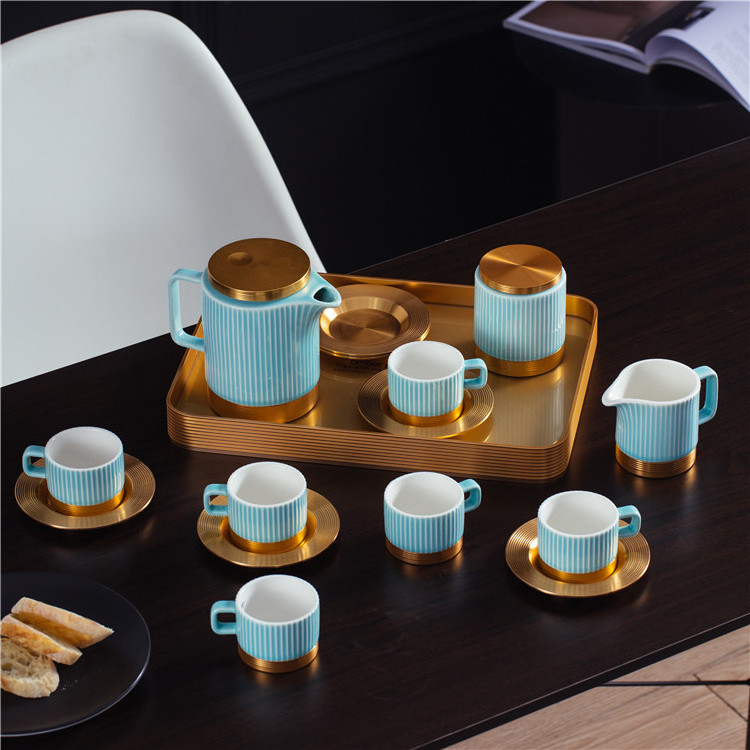 New modern style household ceramic tea kettle 90cc coffee cup and saucer pink tea set luxury coffee tea sets with tray