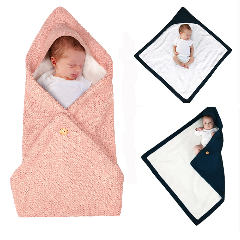 Double-deck sherpa fleece buttons newborn wrap warm dual-purpose baby swaddle blanket for home and outside