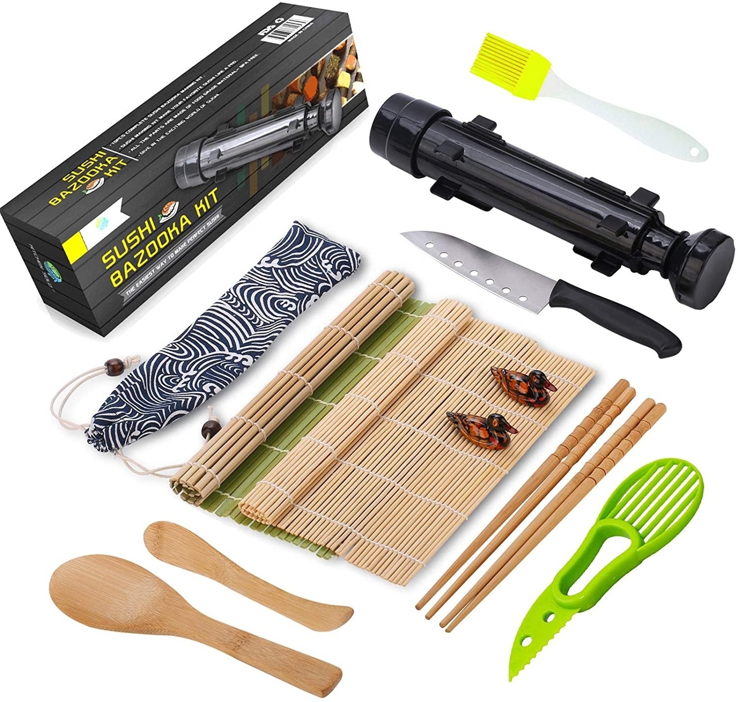 Sushi Making Kit , All In One Sushi Bazooka Maker with Bamboo Mats, Chopsticks, Avocado Slicer