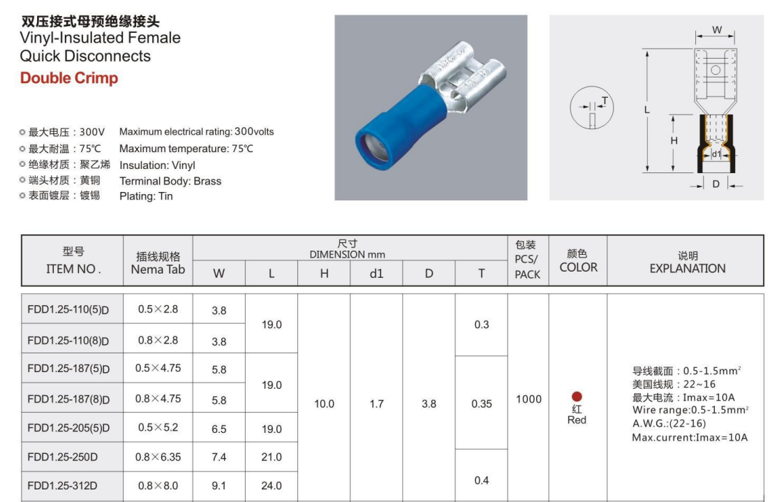 FDD Double Crimp Vinyl-Insulated Female Quick Disconnects Spade Wire Connector Electrical Crimp AWG 22-10  Terminal