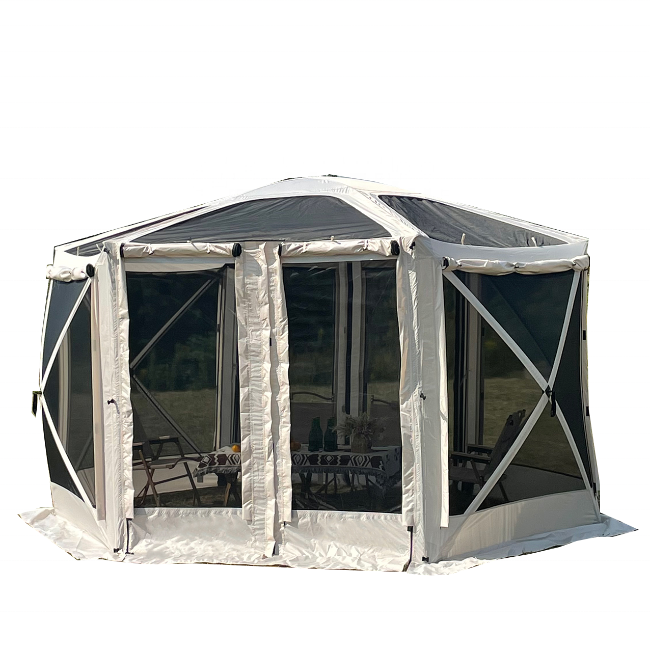 Portable Double Layer Oxford Fabric Hexagonal Mesh Tent Screen House Quick Set-Up Outdoor Garden Gazebo Tent