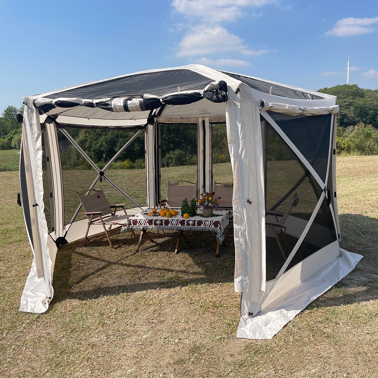 Portable Double Layer Oxford Fabric Hexagonal Mesh Tent Screen House Quick Set-Up Outdoor Garden Gazebo Tent