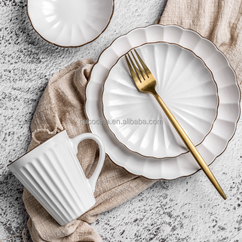 Luxury White Tableware Embossing Crockery Ceramic Bone China Porcelain Dinnerware Sets