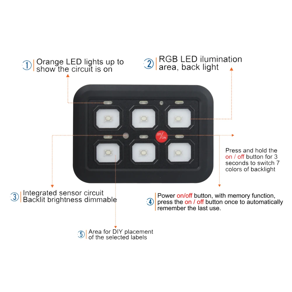 7-Color Adjustable LED 6 Gang Switch Panel Circuit Control Relay System Box Slim Touch Control Panel for Boat Jeep UTV Caravan