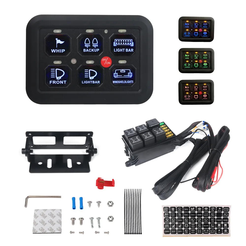 7-Color Adjustable LED 6 Gang Switch Panel Circuit Control Relay System Box Slim Touch Control Panel for Boat Jeep UTV Caravan