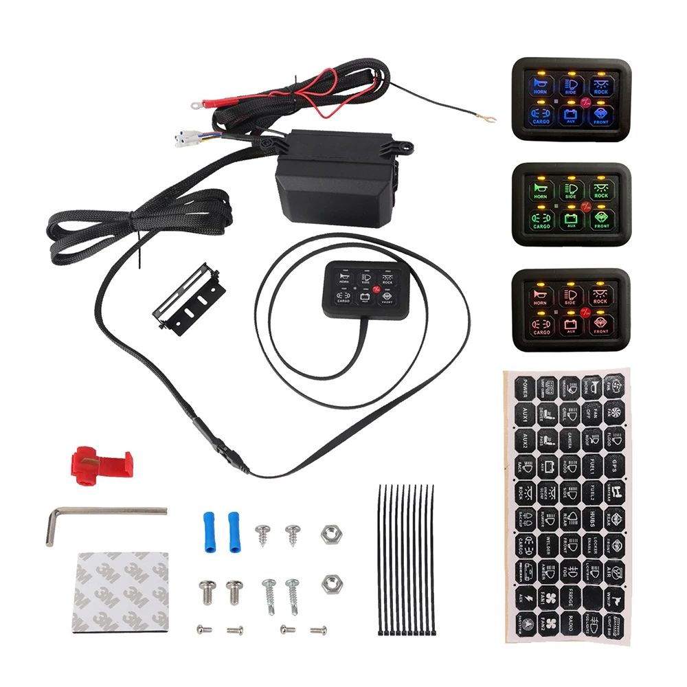 7-Color Adjustable LED 6 Gang Switch Panel Circuit Control Relay System Box Slim Touch Control Panel for Boat Jeep UTV Caravan