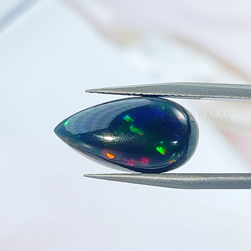 Natural Africa Black Orange-Green Fire Color Opal Tear Drop Pear Shape Cabochon Stone for Silver Jewelry making