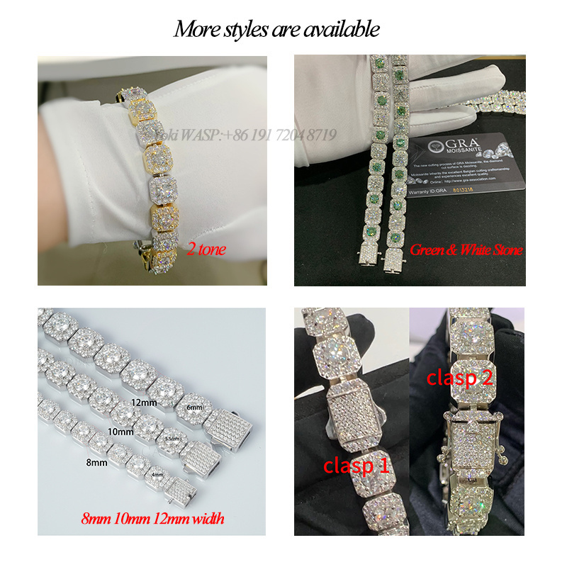 Hiphop Rock Candy Moissanite Chain Micro Clustered Tennis Chain 8mm/10mm/12mm Iced Out 925Silver Square VVS Moissanite Necklace