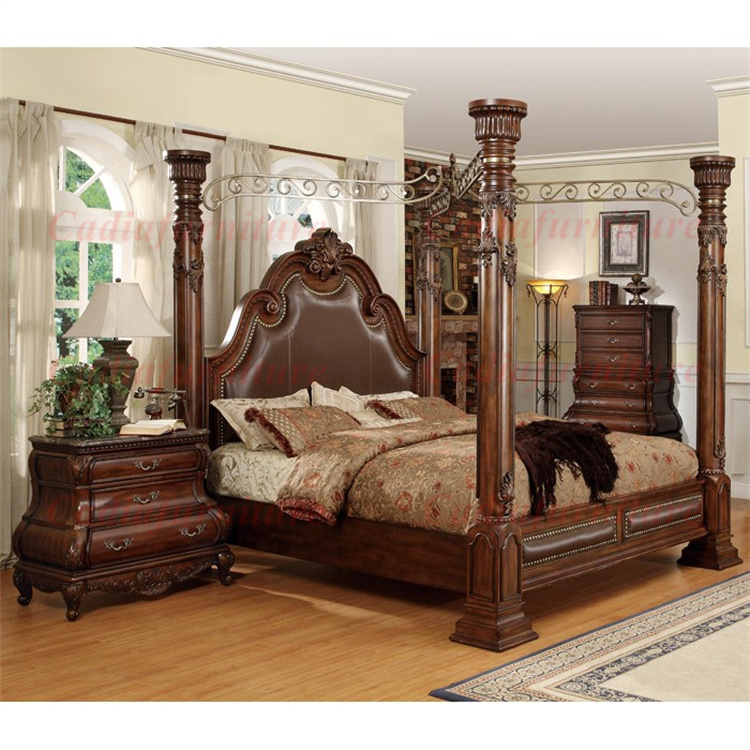 American Luxury Design King Bedroom Furniture Classic Solid Wood Bed Master Room Canopy Bed Antique Home Bedroom Set