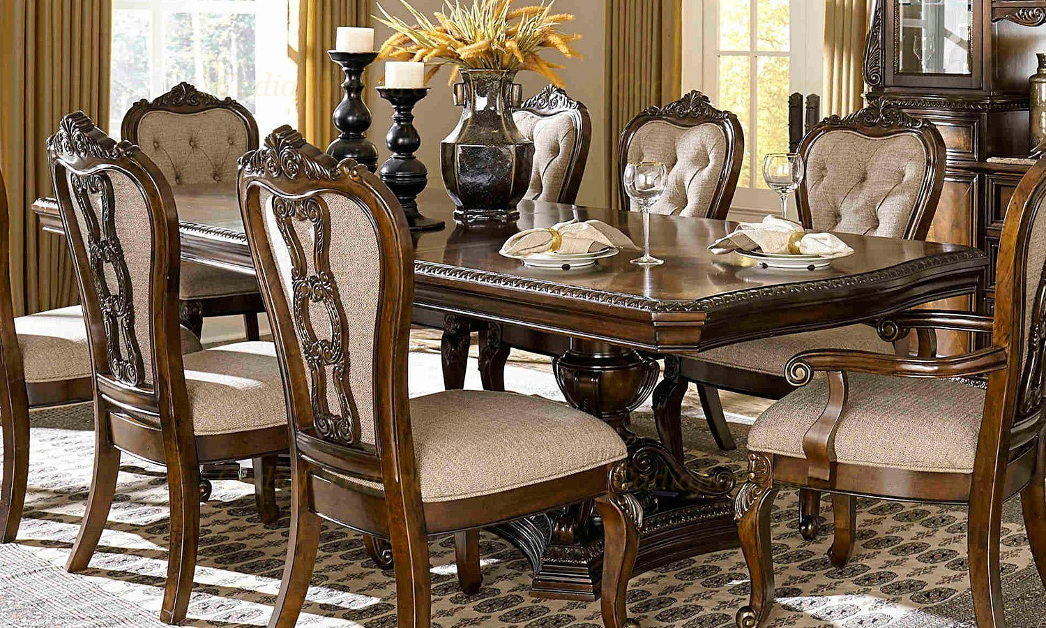 European Traditional design solid wood structure dining table with chairs wooden carving dining table