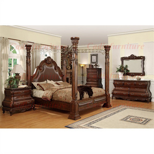 American Luxury Design King Bedroom Furniture Classic Solid Wood Bed Master Room Canopy Bed Antique Home Bedroom Set