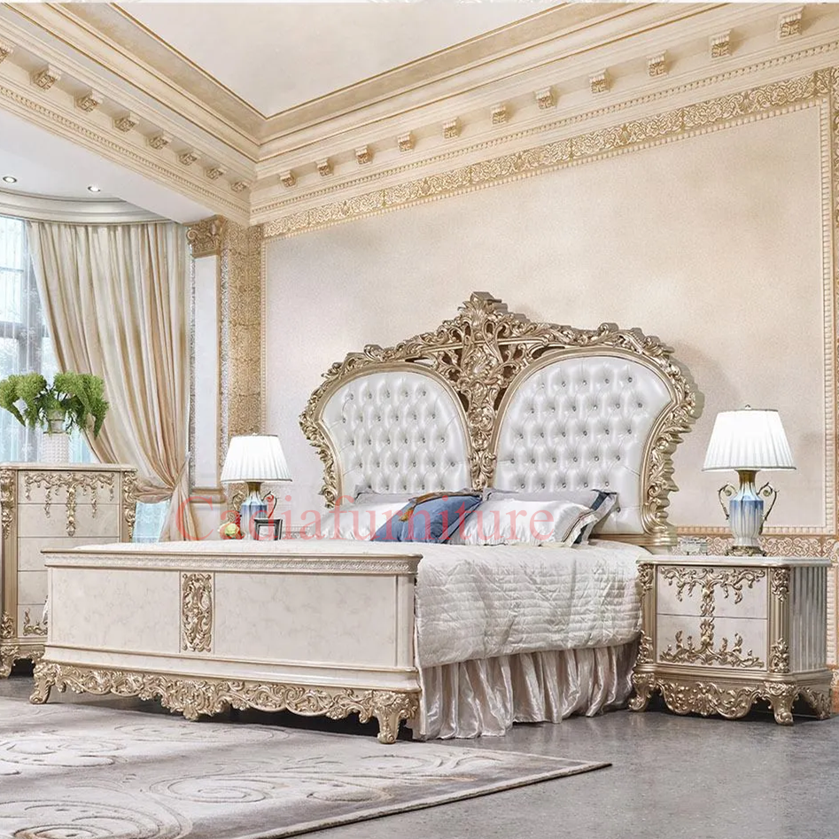 Wooden Rococo Bedroom Set French Provincial Style Bedroom Furniture Carved King size leather antique bed