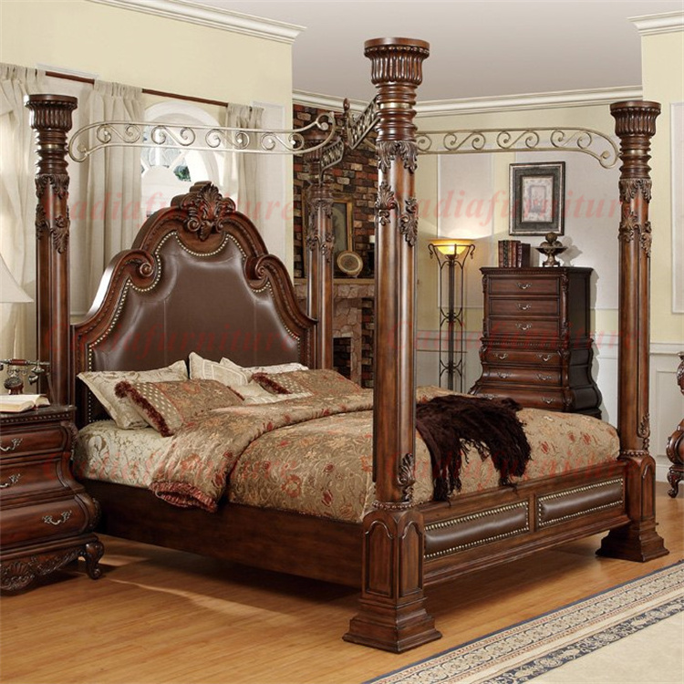 American Luxury Design King Bedroom Furniture Classic Solid Wood Bed Master Room Canopy Bed Antique Home Bedroom Set