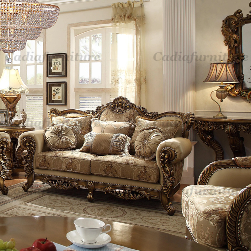 Wood Frame Fabric Living Room Sofa Sets European Luxury Hand Carved Sofa Classic Design Solid Living Room Furniture