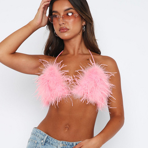 Female White Triangle Bra Beach Halter Top Women Pink Fur Bikini Top