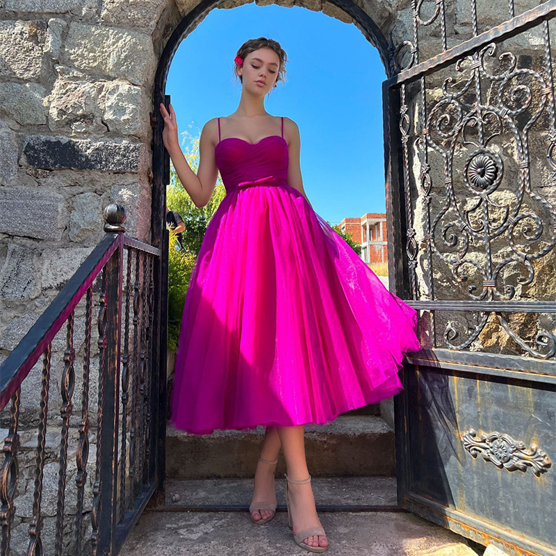 Fuchsia homecoming bridesmaid dresses ball gown 2023 green A-line Spaghetti Straps Sweetheart Tulle Prom Dress