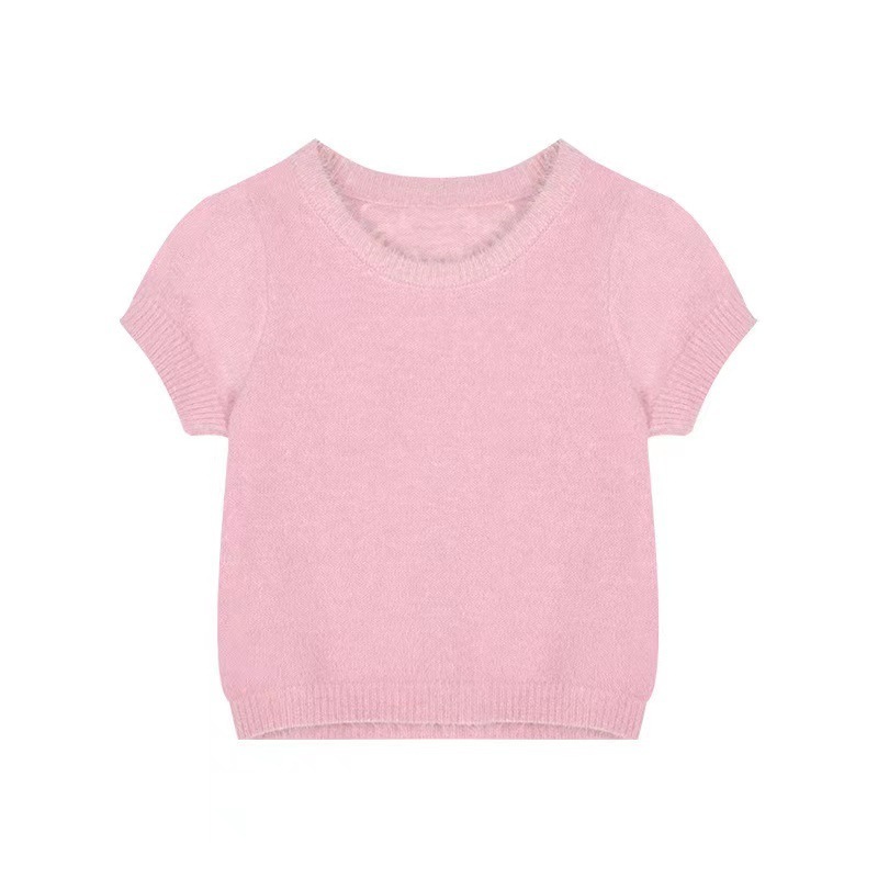 Women O Neck Slim Sweater Pullovers Furry Short Sleeve Crop Top Knit T Shirt Pink