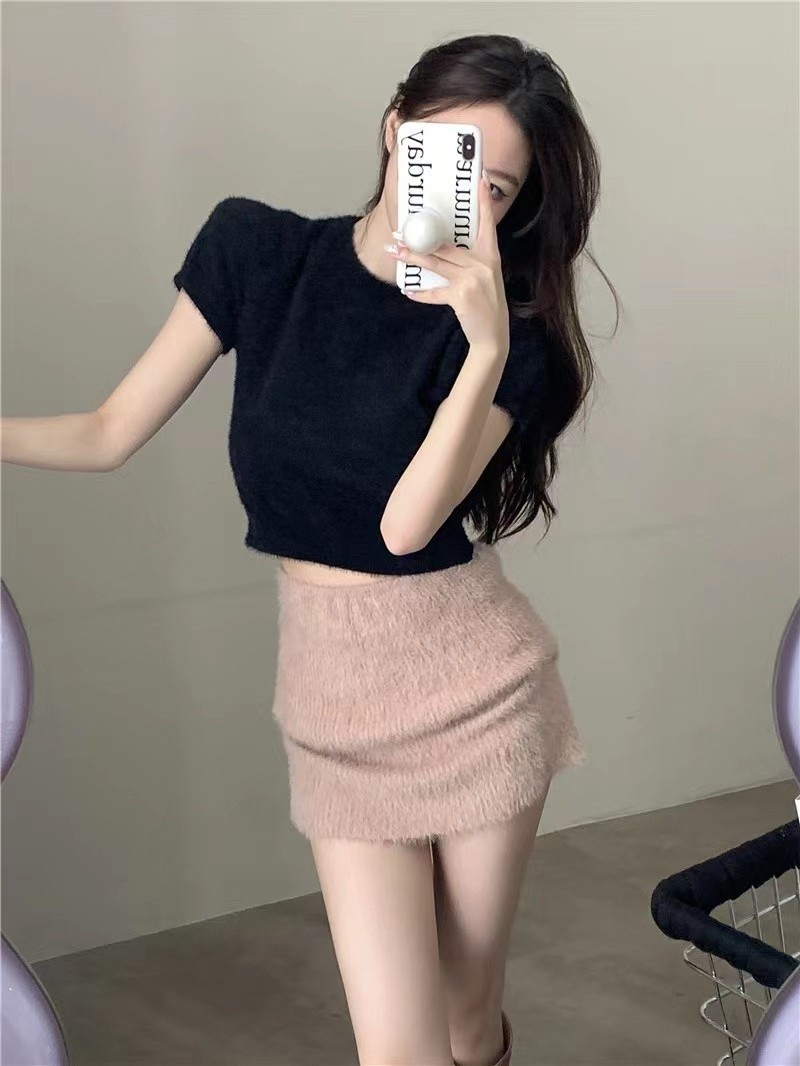 Women O Neck Slim Sweater Pullovers Furry Short Sleeve Crop Top Knit T Shirt Pink