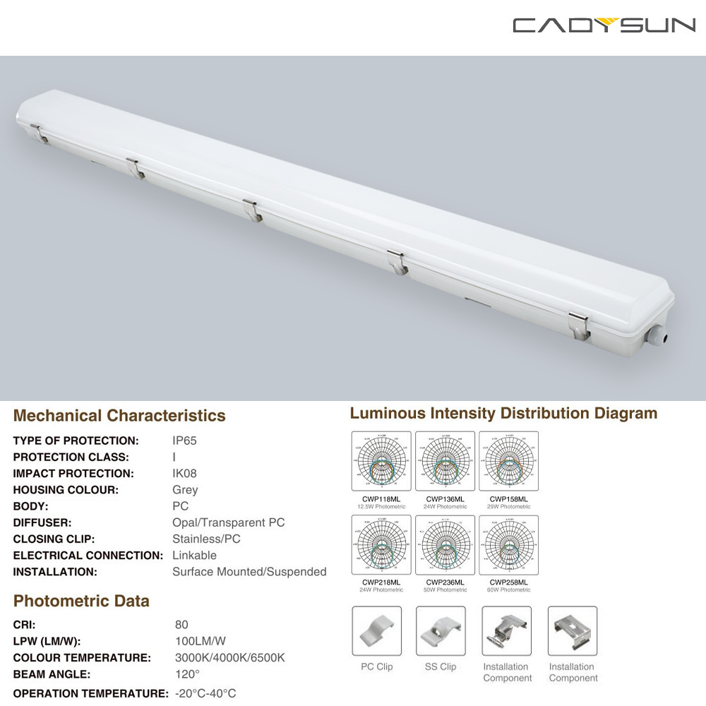 Industrial Light Led Vapor Tight Fixture 50000hours for Triproof Light Pc/brass 220-240V High Lumen Led Triproof Light