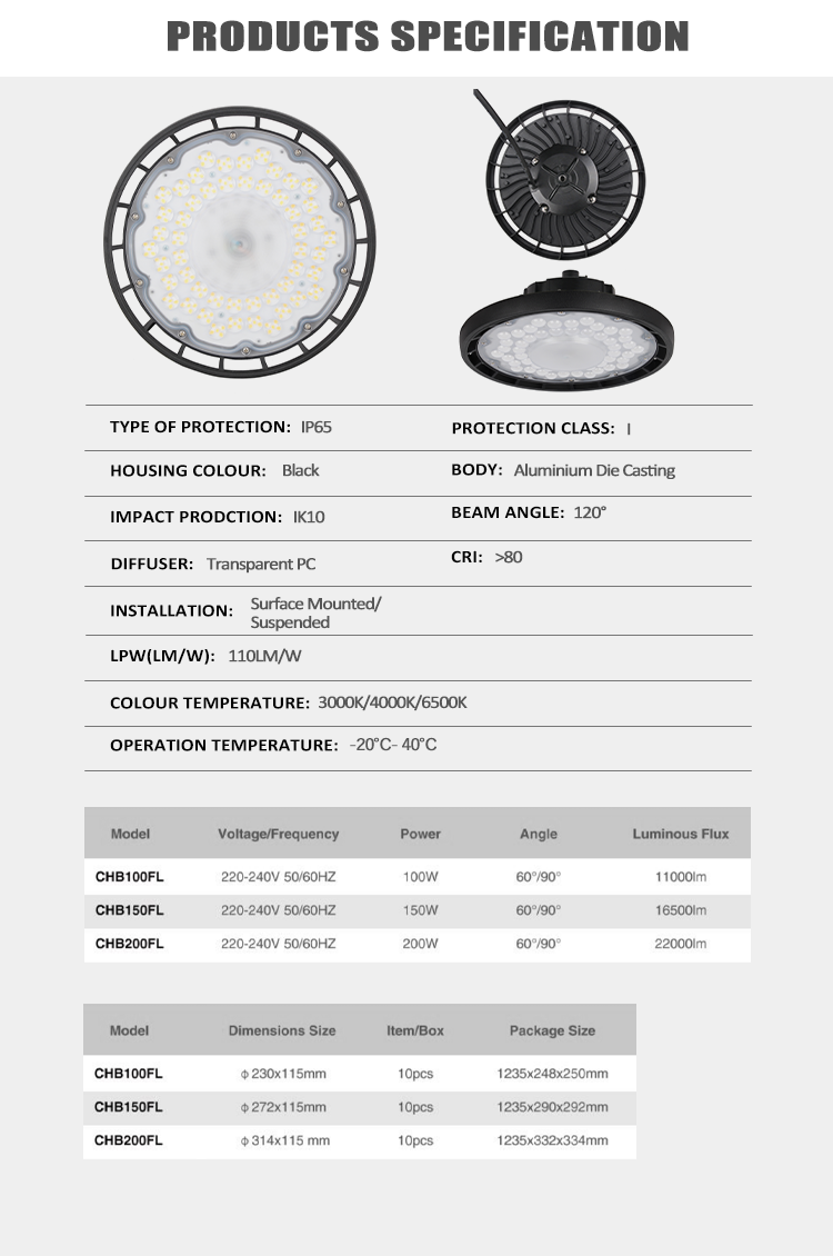 Industry Hanging Slim Sensor 100w 150w 200w  Warehouse Shop Garage 20000 Lumens ufo LED High Bay Light For Workshop