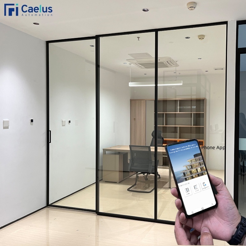 Caelus Black Balcony Smart Glass Automatic Concealed Hydraulic Door Closer Electric Automatic Sliding House Door Opener System