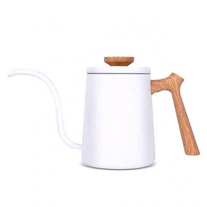 Wooden Handle Coffee Pot 600ml White Gooseneck Manual Stainless Steel Coffee Drip Kettle