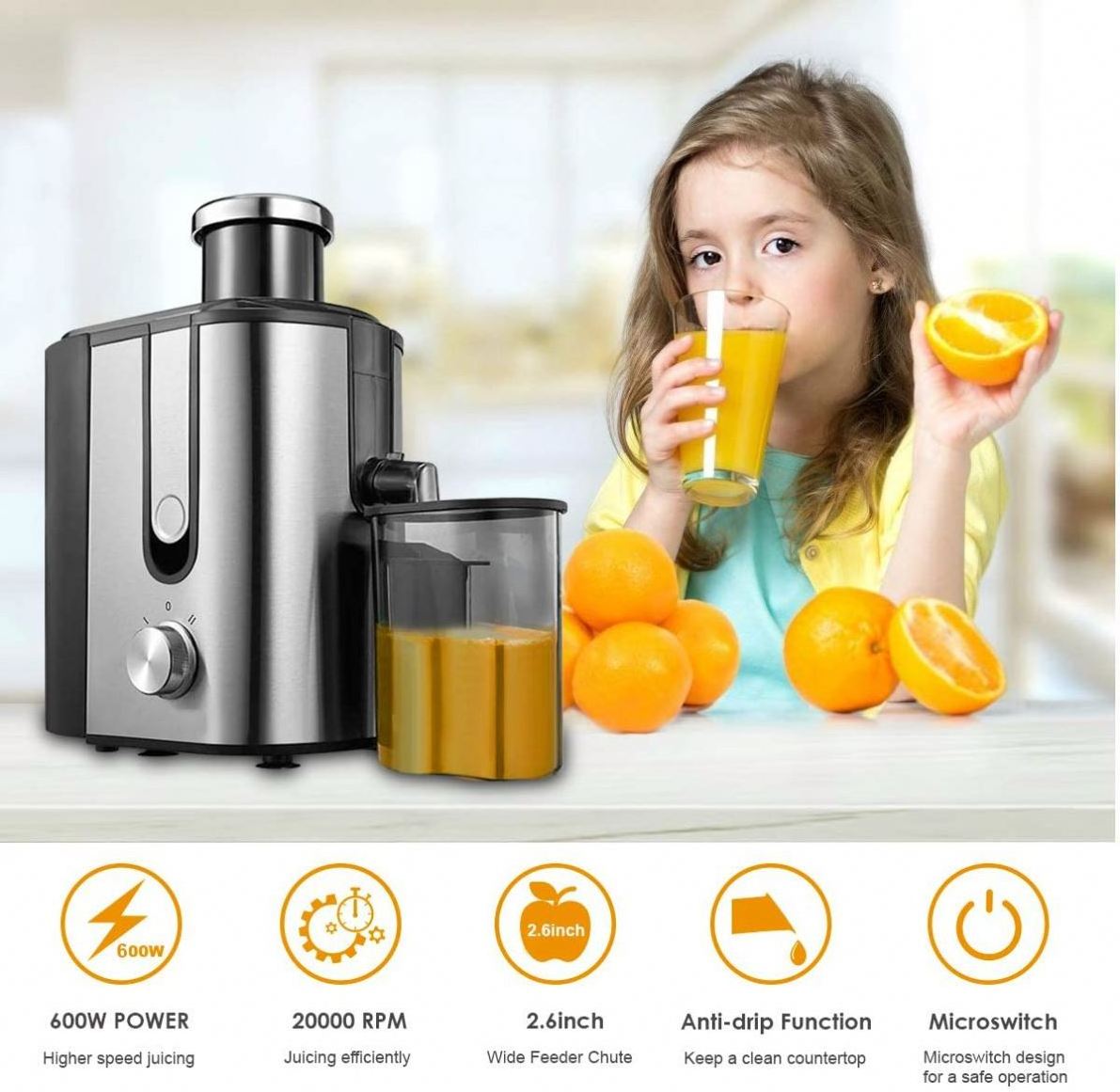 cafulong Juicer Machine Fruit and Vegetable Juicer Extractor Wide Mouth Centrifugal Electric Juicer, Stainless Steel, Dual-Speed