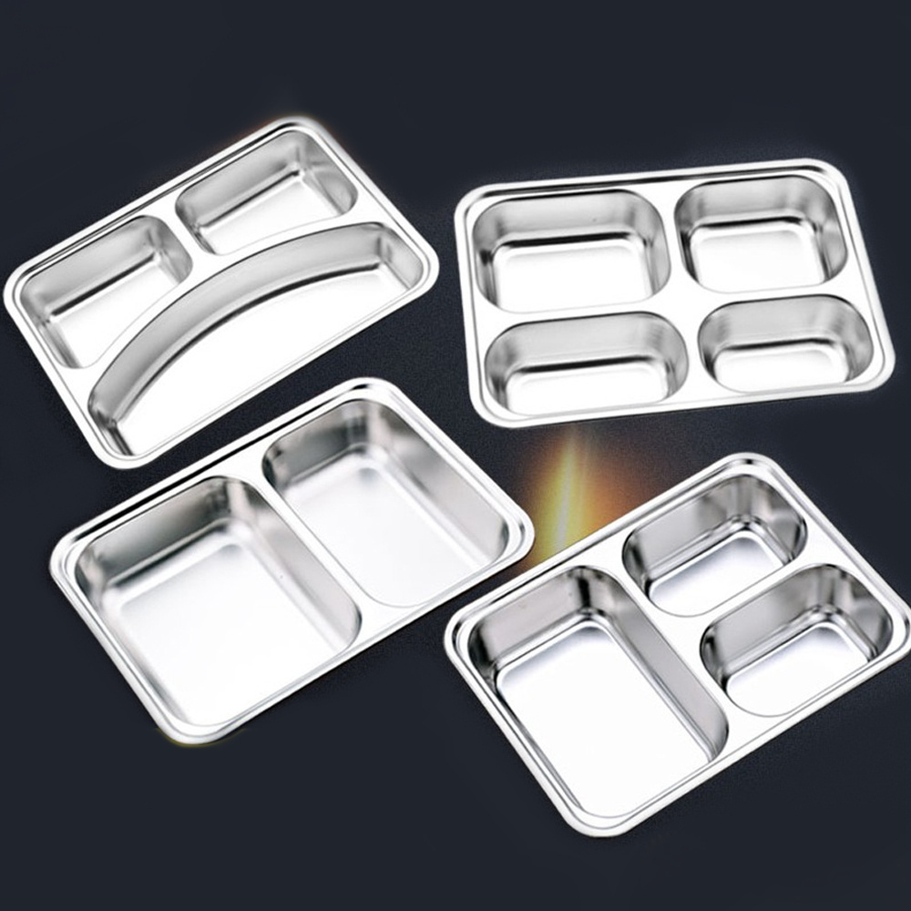 stainless steel lunch box with lid divide compartment dinner plate fast food snack plate