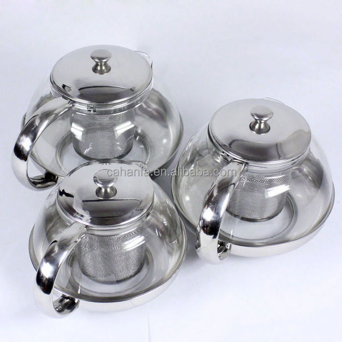 Stainless Steel Glass Tea Pot with Leaf Strainer Infuser Teapot 600/800/1050ml