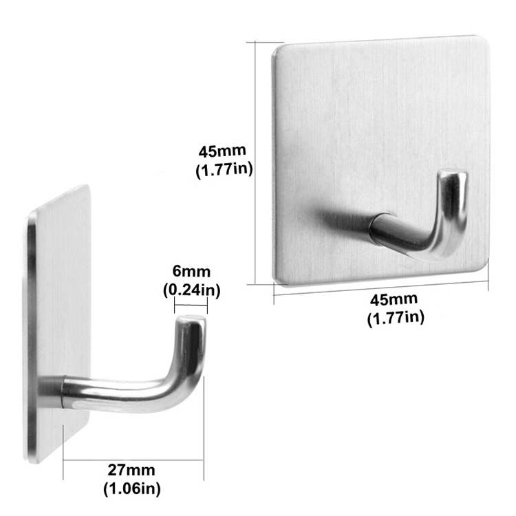 Self Adhesive Hook SUS304 Stainless Steel Brushed Finish Wall Towel Hanger No Drill Clothes Coat Robe Hook for Kitchen Bathroom