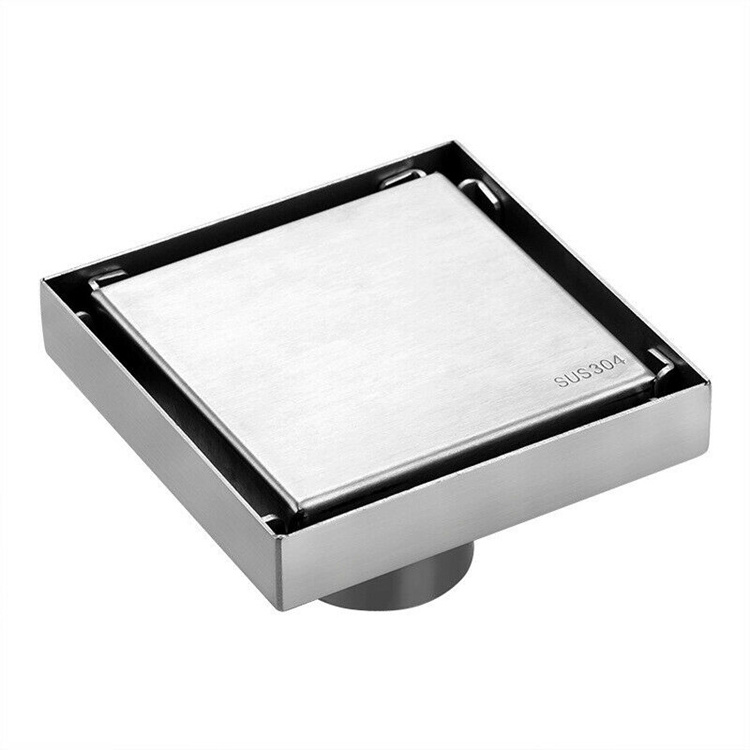 4 Inch SUS304 Stainless Steel Square Shower Floor Drain with Tile Insert Invisible Grate Cover Strainer Brushed Bathroom Drainer