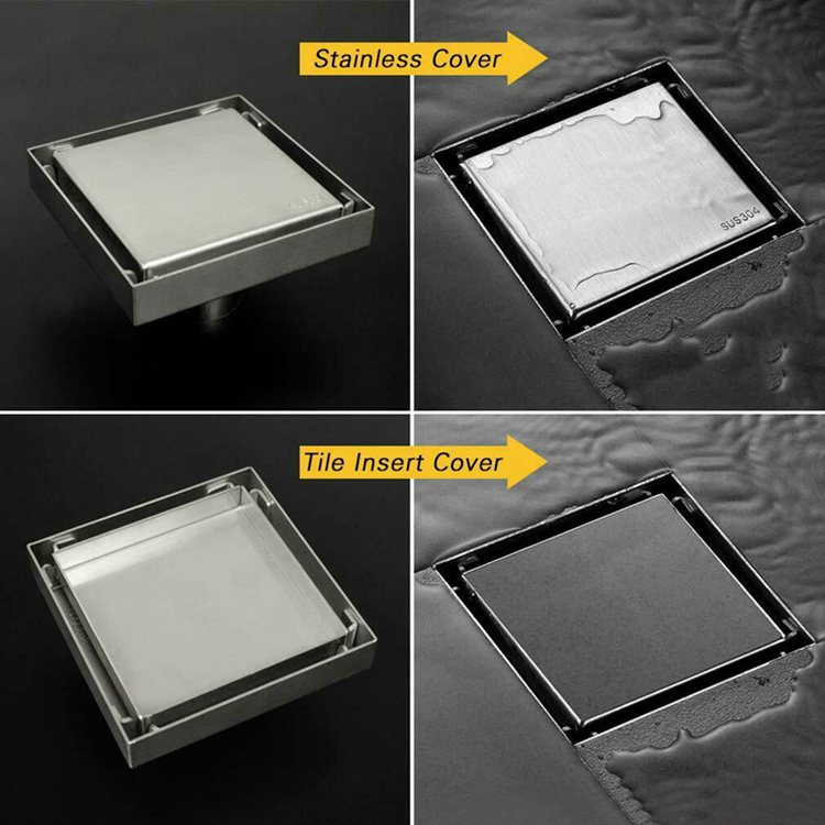 4 Inch SUS304 Stainless Steel Square Shower Floor Drain with Tile Insert Invisible Grate Cover Strainer Brushed Bathroom Drainer