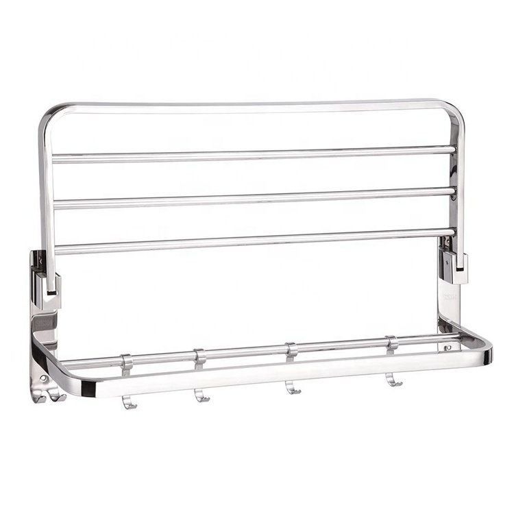 Modern 304 Stainless Steel Bathroom Shelves Double Layer Folding Bath Towel Rack Clothes Rack with 5 Movable Clothe Hooks