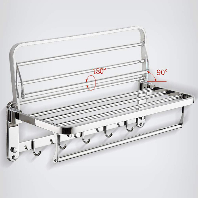 23.4 Inch 304 Stainless Steel Bath Towel Rack Washroom Accessories Foldable Wall Mounted Polished Towel Shelf with Clothes Hooks