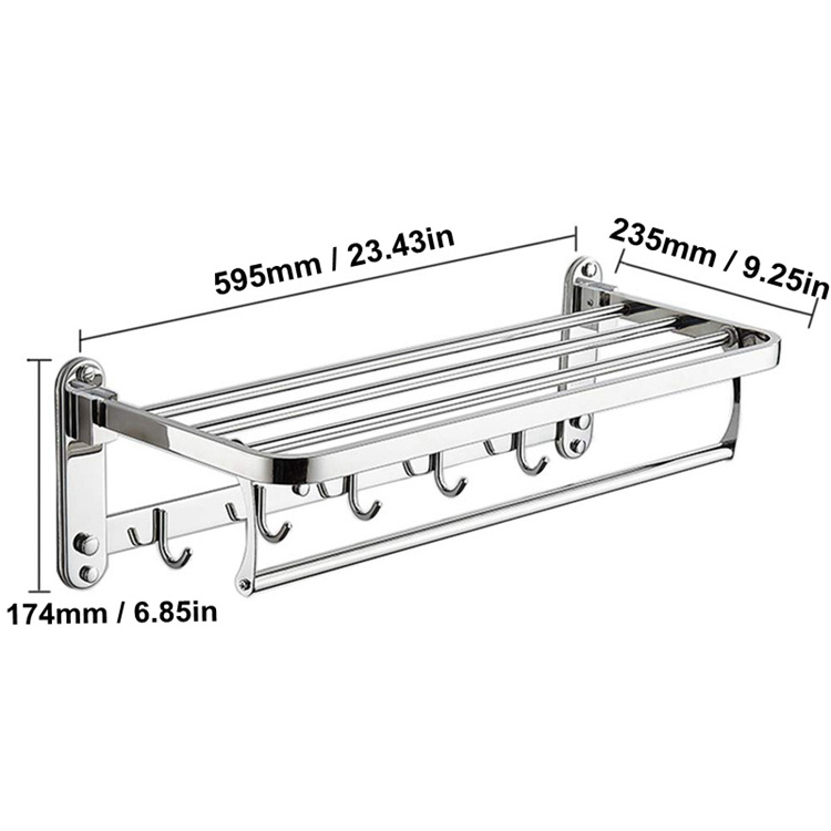 23.4 Inch 304 Stainless Steel Bath Towel Rack Washroom Accessories Foldable Wall Mounted Polished Towel Shelf with Clothes Hooks