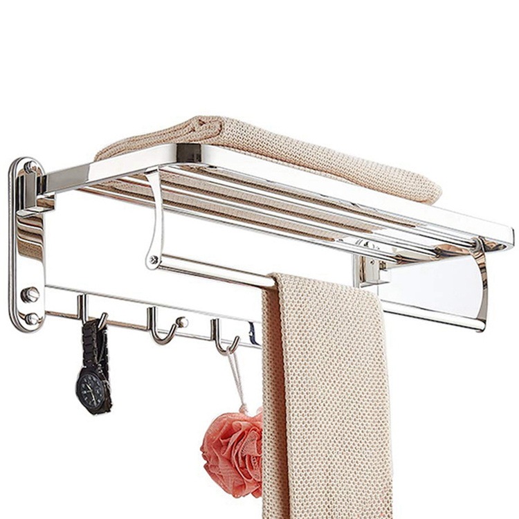 23.4 Inch 304 Stainless Steel Bath Towel Rack Washroom Accessories Foldable Wall Mounted Polished Towel Shelf with Clothes Hooks