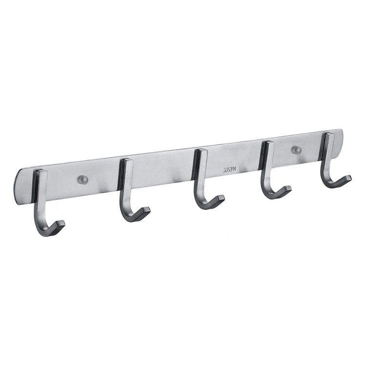 High Quality Bathroom Accessories Durable SUS304 Stainless Steel Brushed Polishing Wall Mounted Coat Rack with 5 Hooks